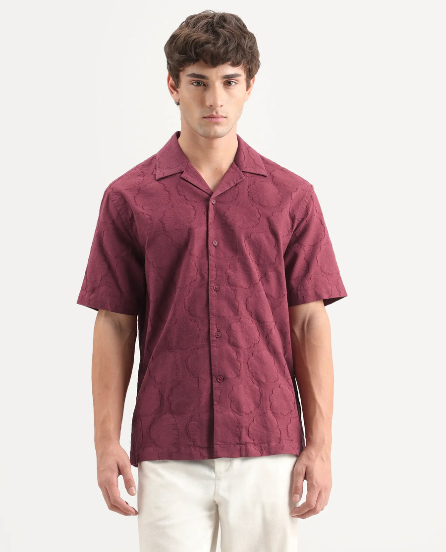 Rare Rabbit Men's Plunt Dark Red Cotton Cuban Collar Button Relaxed Fit Jacquard Print Shirt