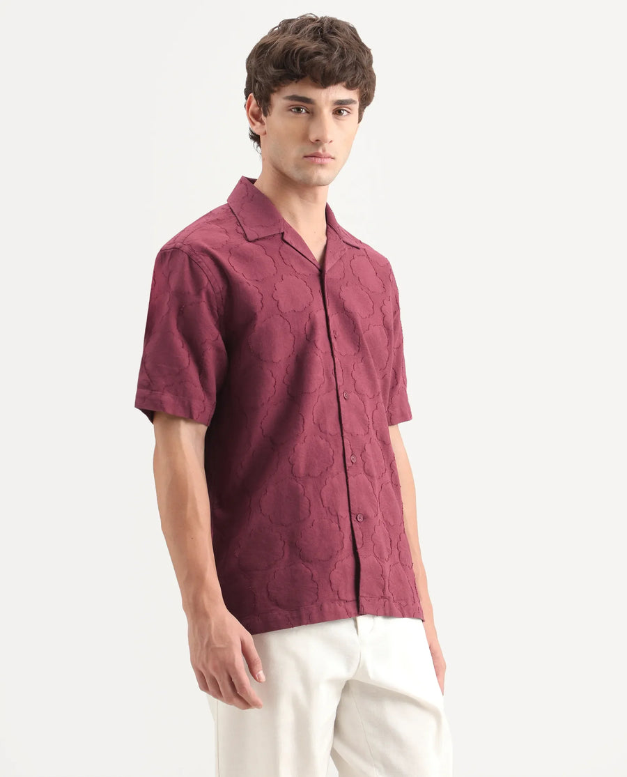 Rare Rabbit Men's Plunt Dark Red Cotton Cuban Collar Button Relaxed Fit Jacquard Print Shirt