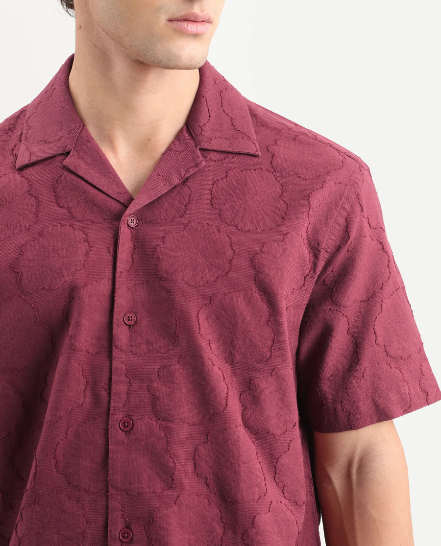 Rare Rabbit Men's Plunt Dark Red Cotton Cuban Collar Button Relaxed Fit Jacquard Print Shirt