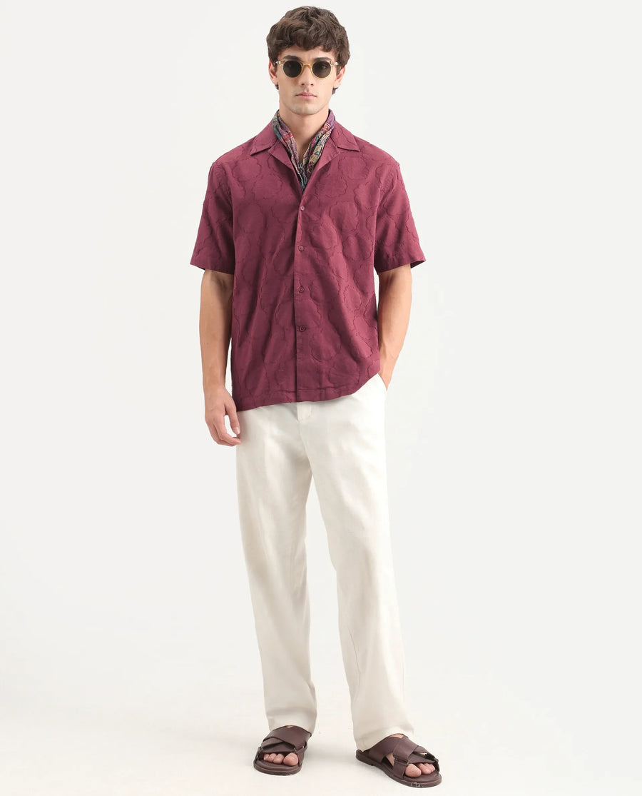 Rare Rabbit Men's Plunt Dark Red Cotton Cuban Collar Button Relaxed Fit Jacquard Print Shirt