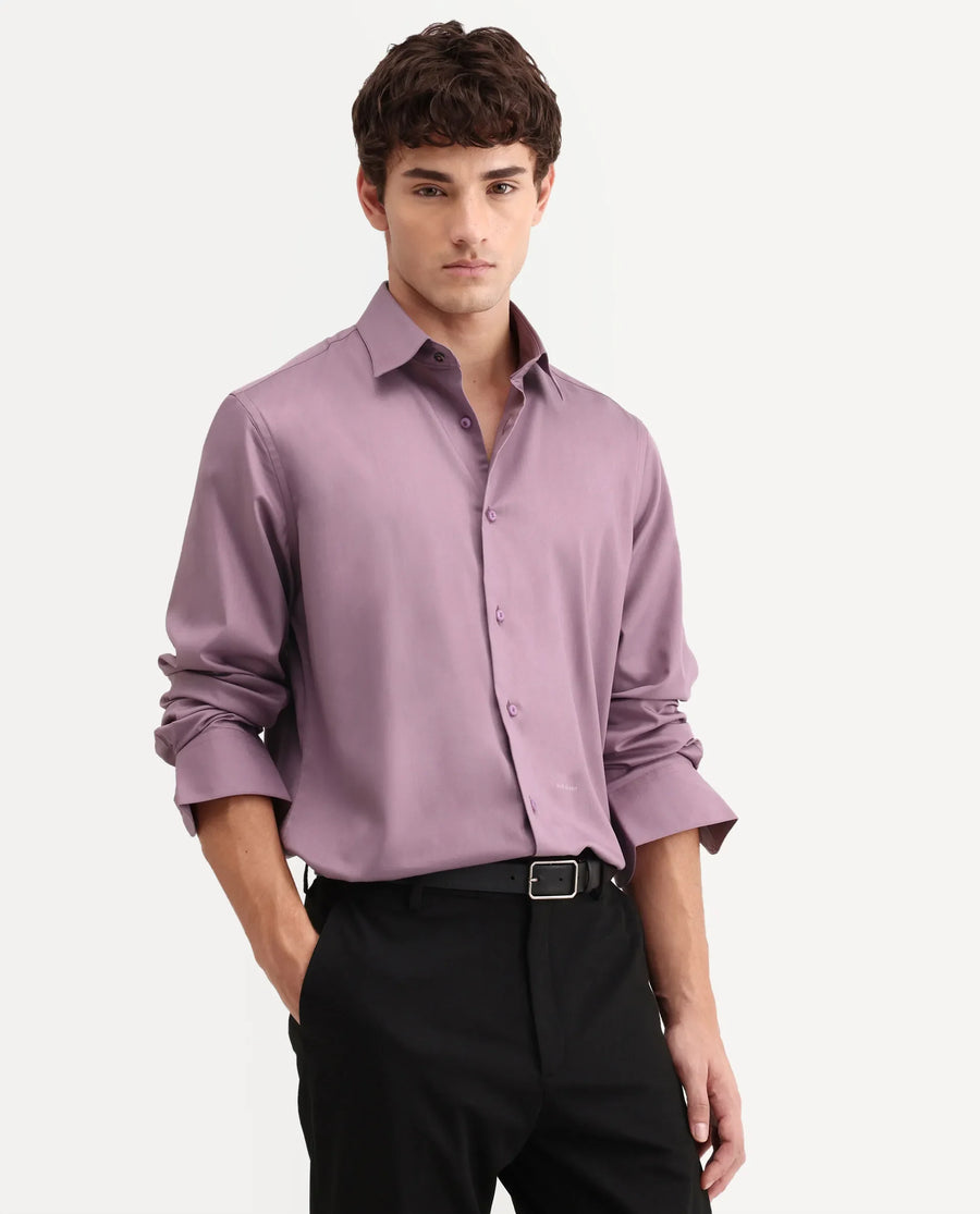 Rare Rabbit Men's Vorta Purple Polyester Blend Spread Collar Regular Plain Shirt