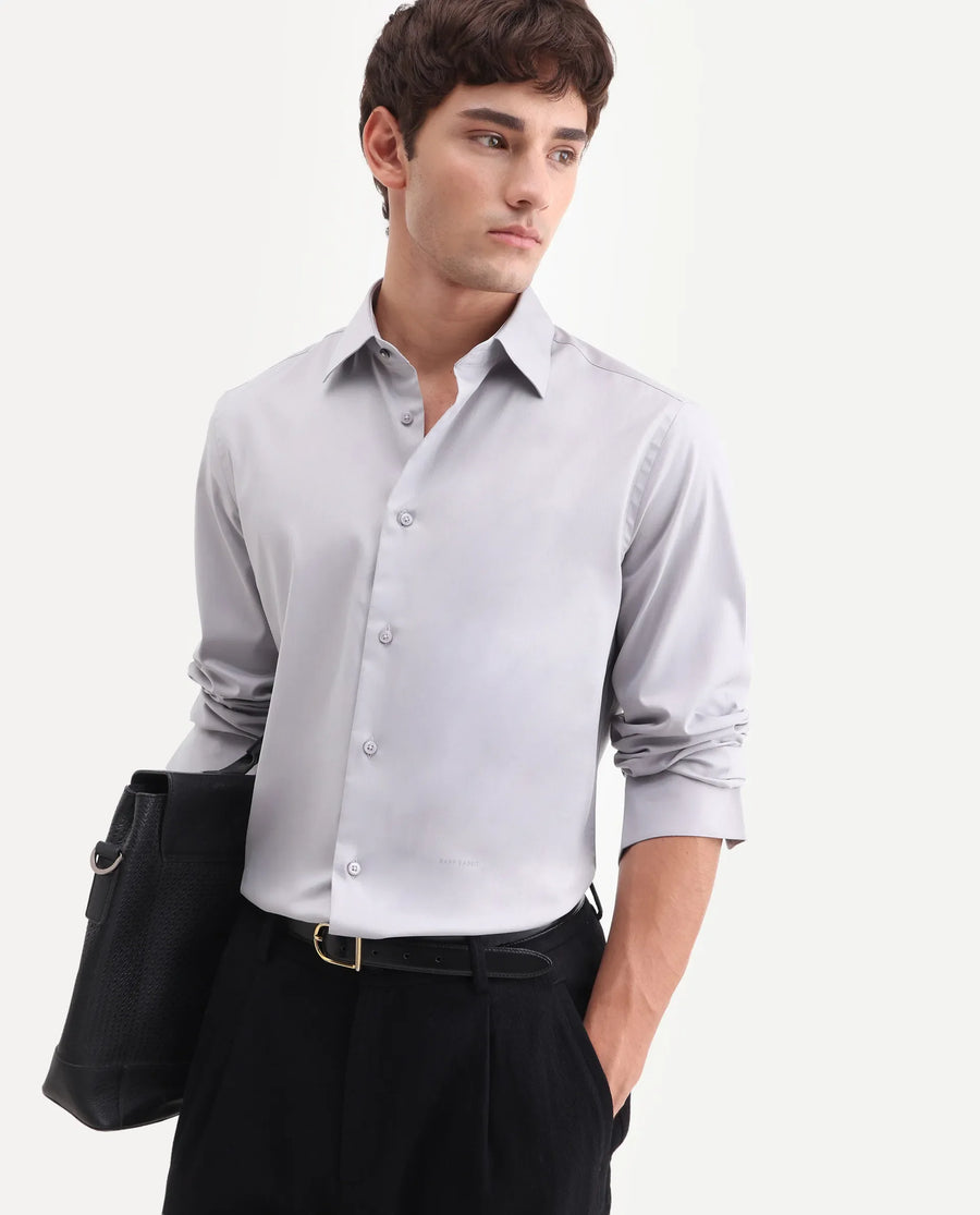 Rare Rabbit Men's Vorta Grey Polyester Blend Spread Collar Regular Plain Shirt