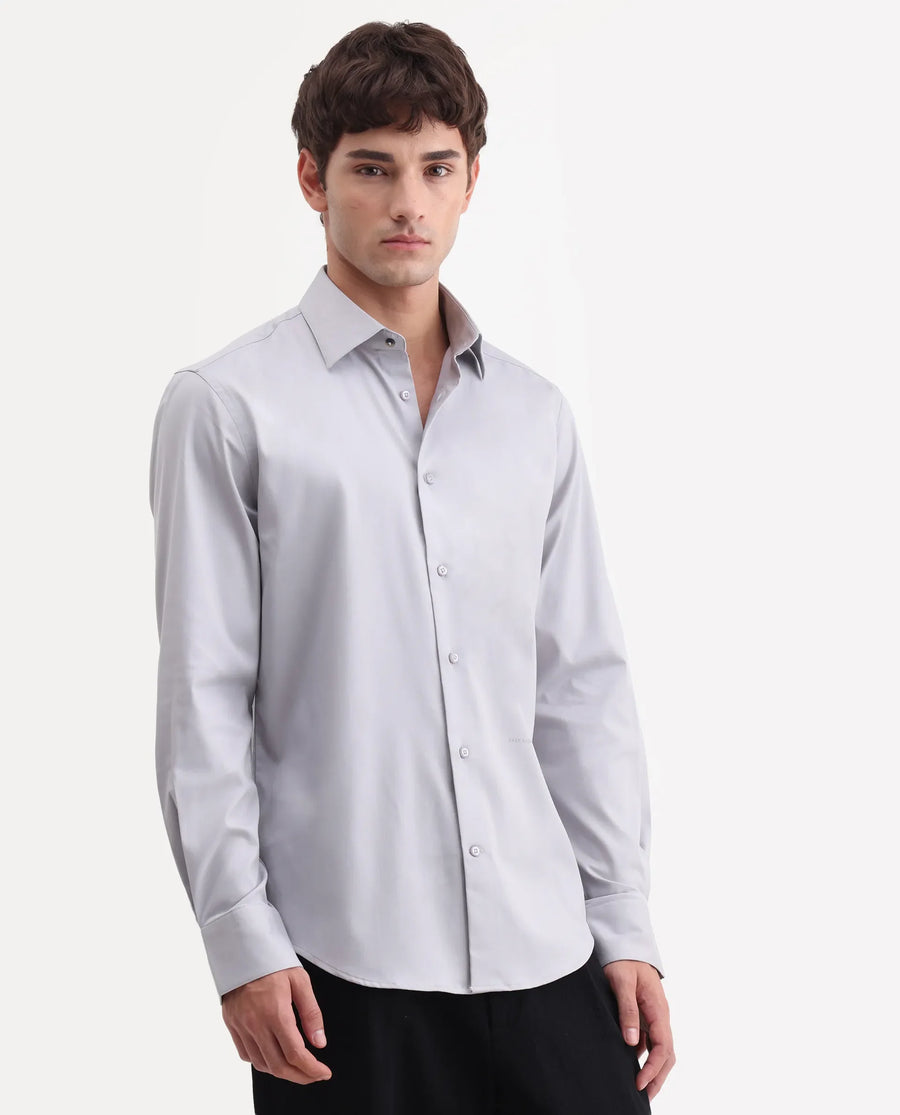 Rare Rabbit Men's Vorta Grey Polyester Blend Spread Collar Regular Plain Shirt