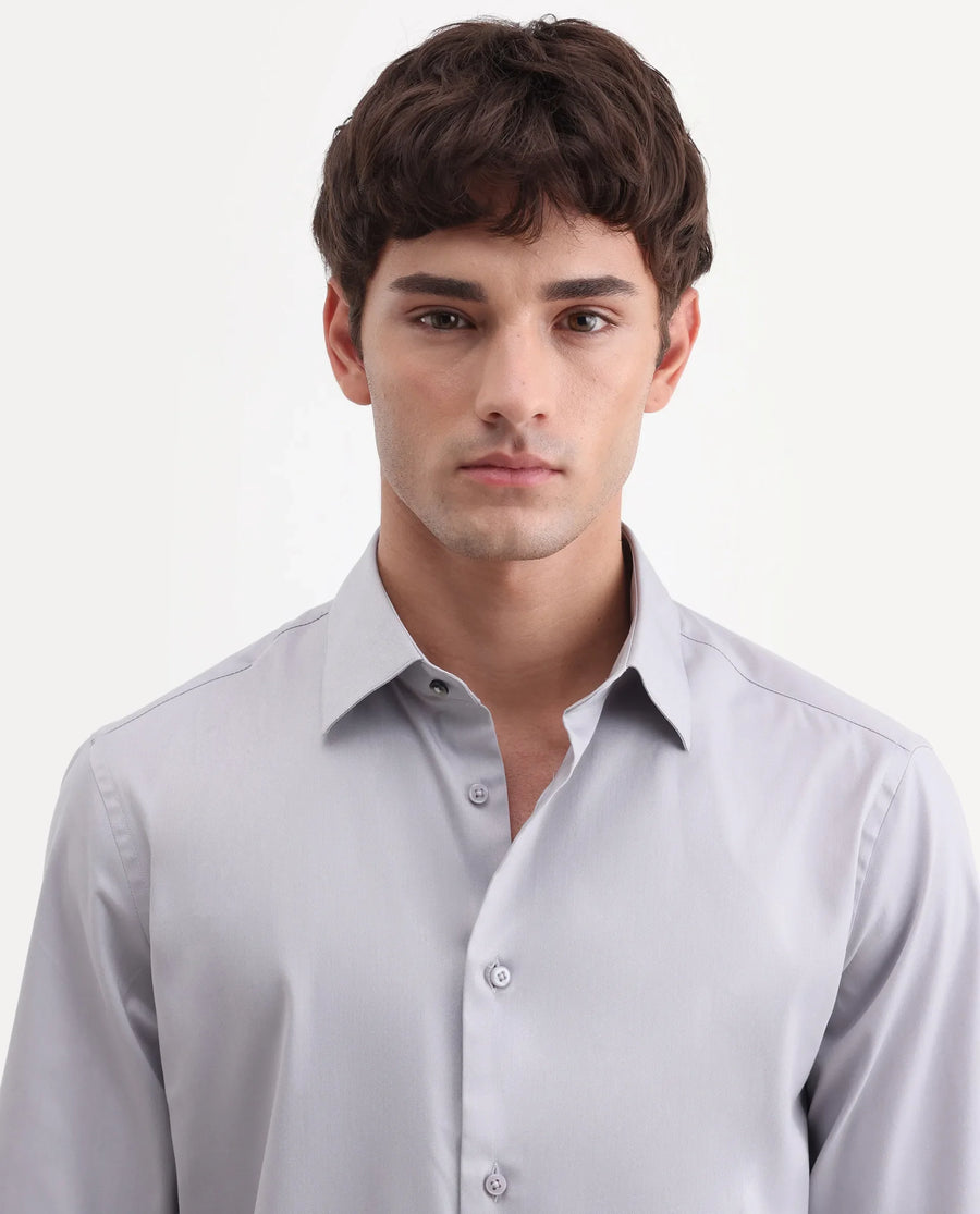 Rare Rabbit Men's Vorta Grey Polyester Blend Spread Collar Regular Plain Shirt