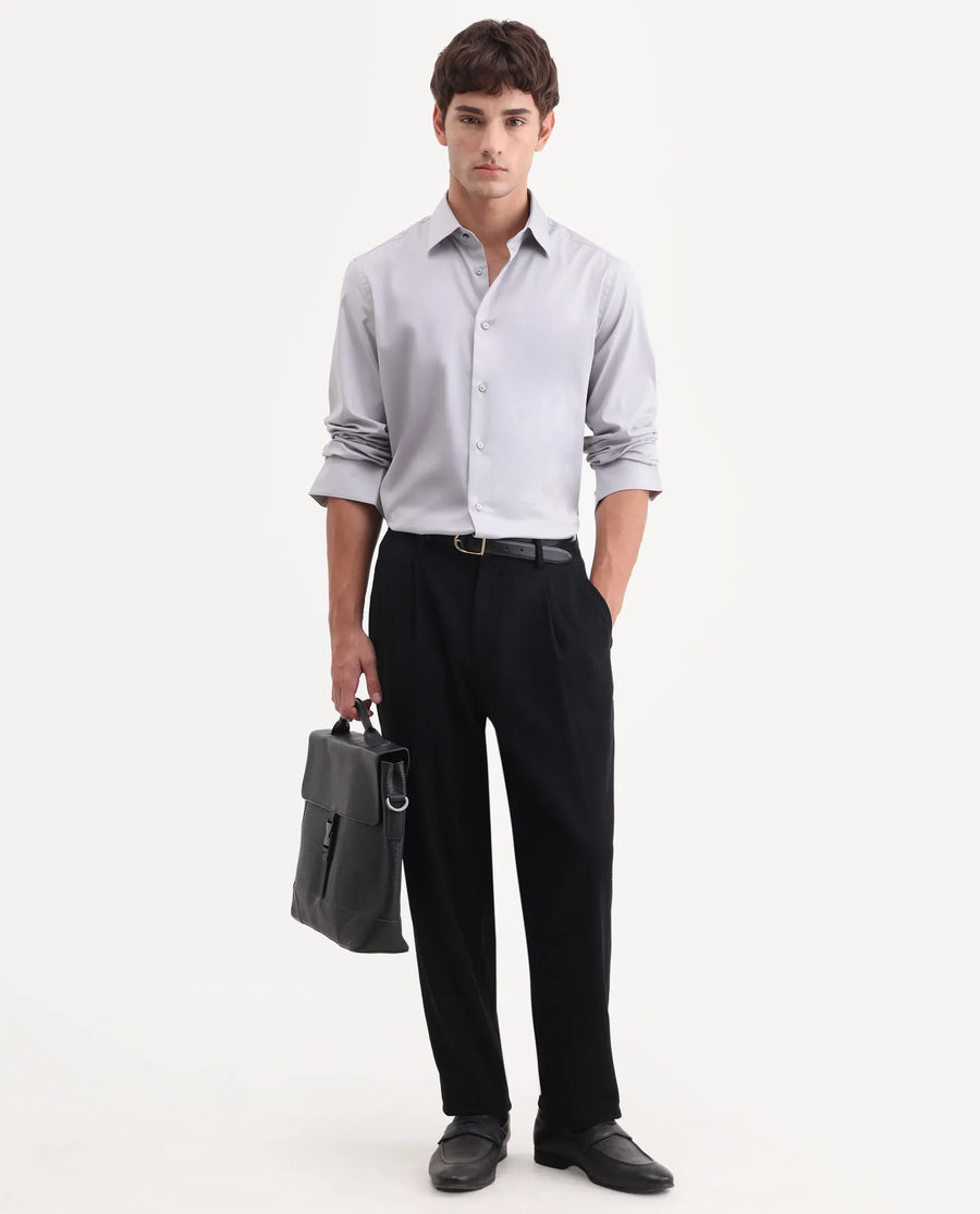 Rare Rabbit Men's Vorta Grey Polyester Blend Spread Collar Regular Plain Shirt