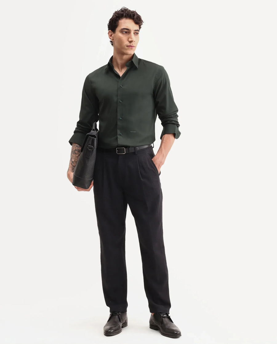 Rare Rabbit Men's Vorta Dark Green Polyester Blend Spread Collar Regular Plain Shirt