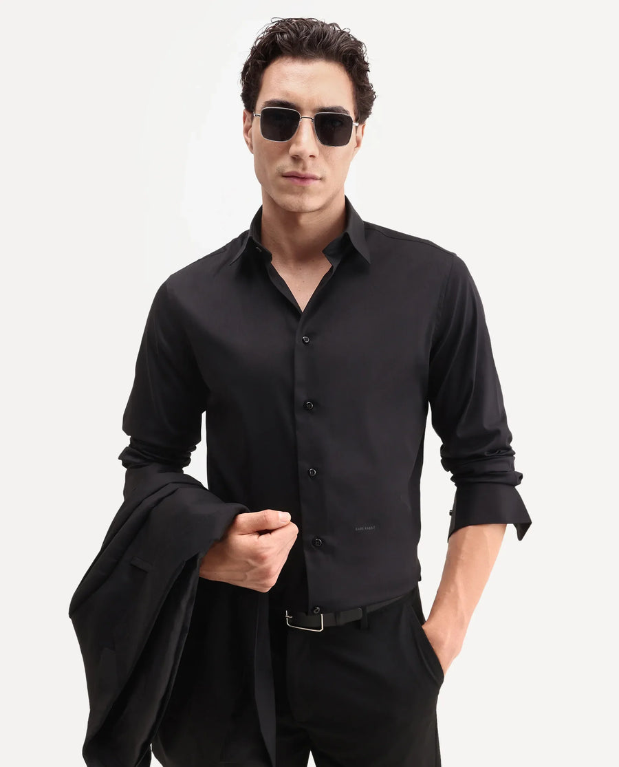 Rare Rabbit Men's Vorta Primary Black Polyester Blend Spread Collar Regular Plain Shirt