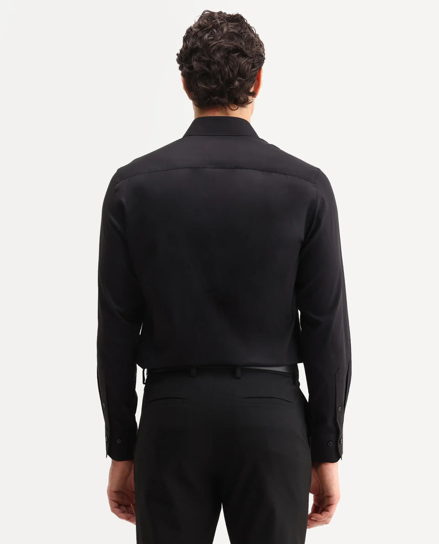 Rare Rabbit Men's Vorta Primary Black Polyester Blend Spread Collar Regular Plain Shirt