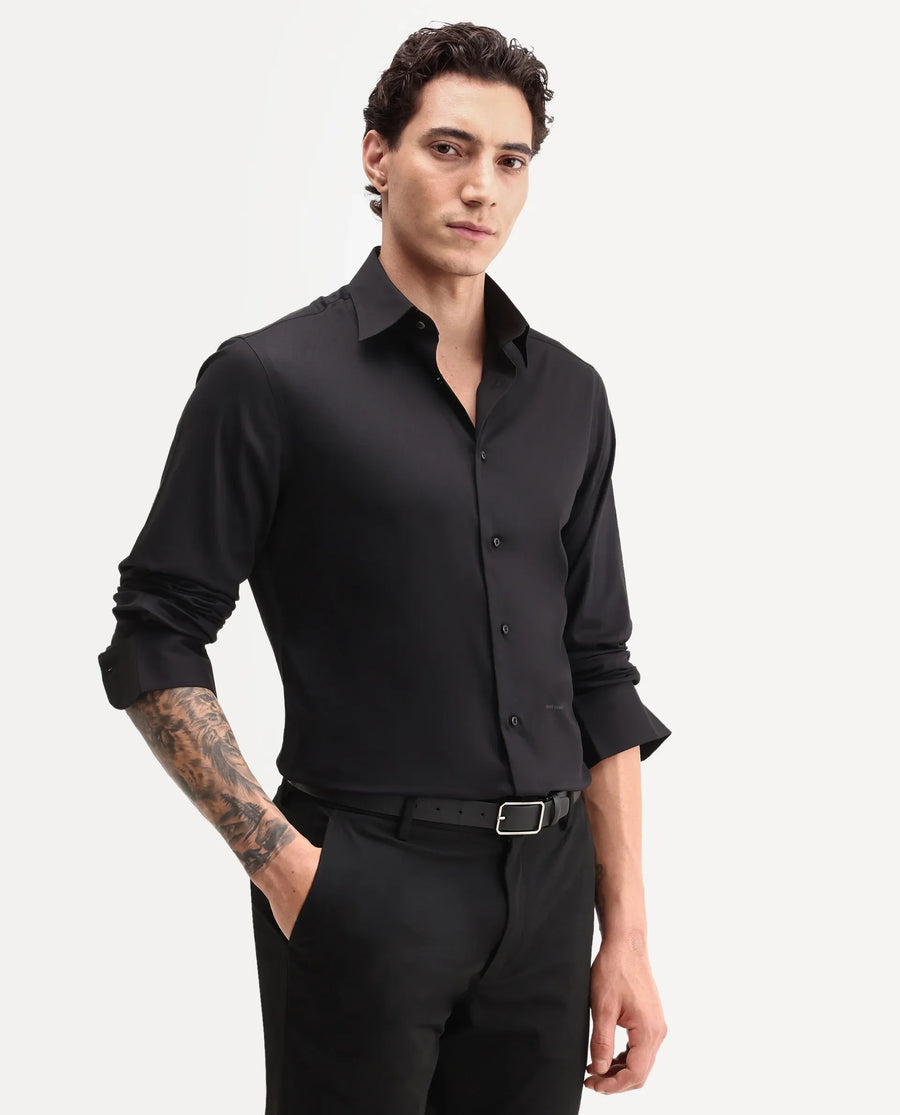Rare Rabbit Men's Vorta Primary Black Polyester Blend Spread Collar Regular Plain Shirt
