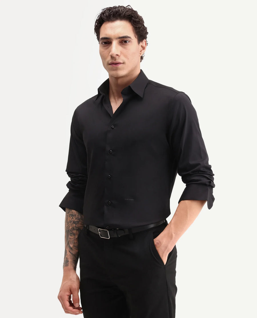 Rare Rabbit Men's Vorta Primary Black Polyester Blend Spread Collar Regular Plain Shirt