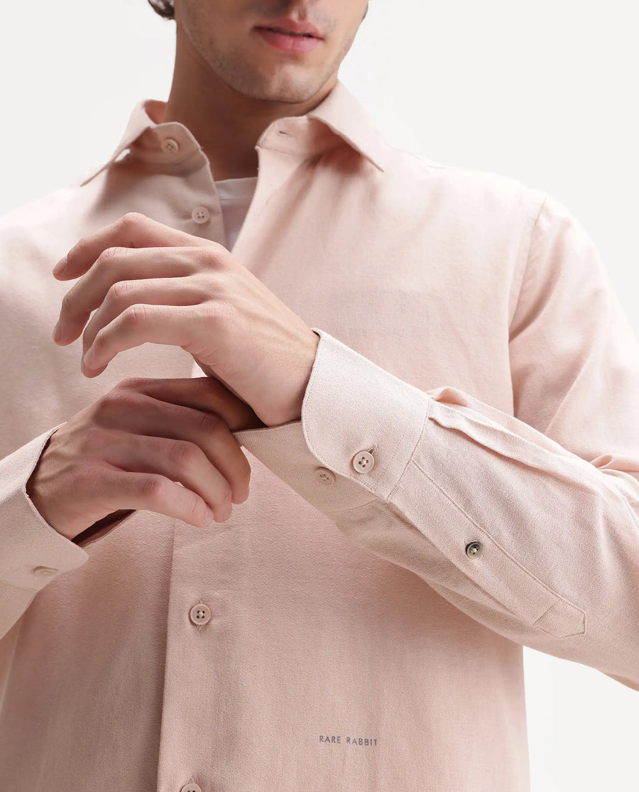 Rare Rabbit Men's Fexa Beige Cotton Blend Spread Collar Regular Plain Shirt