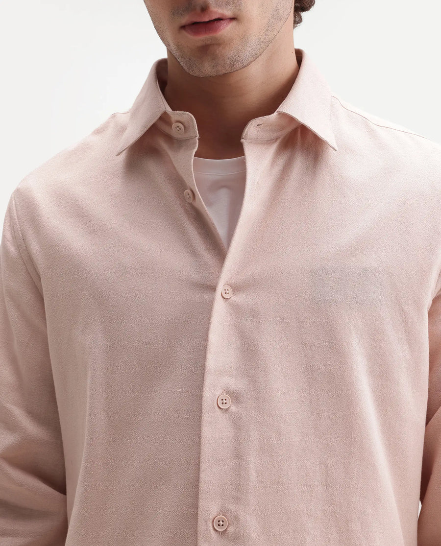 Rare Rabbit Men's Fexa Beige Cotton Blend Spread Collar Regular Plain Shirt