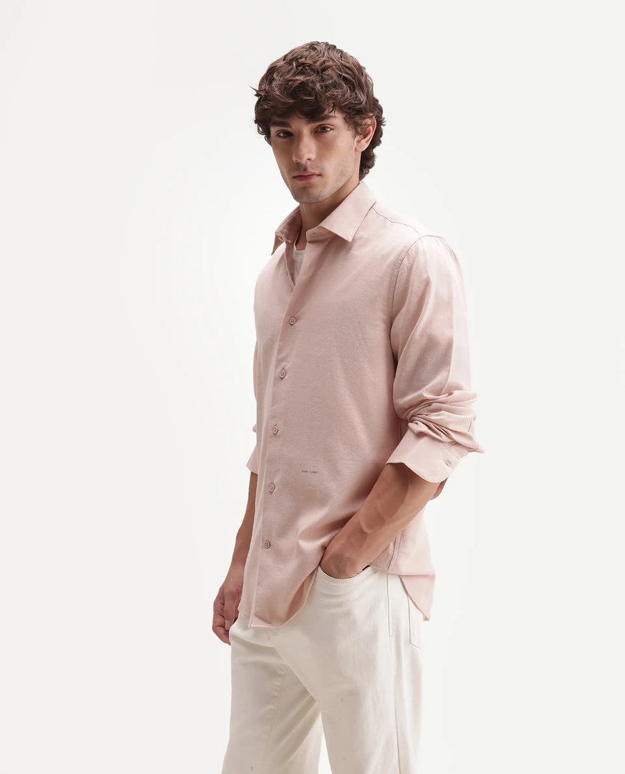 Rare Rabbit Men's Fexa Beige Cotton Blend Spread Collar Regular Plain Shirt
