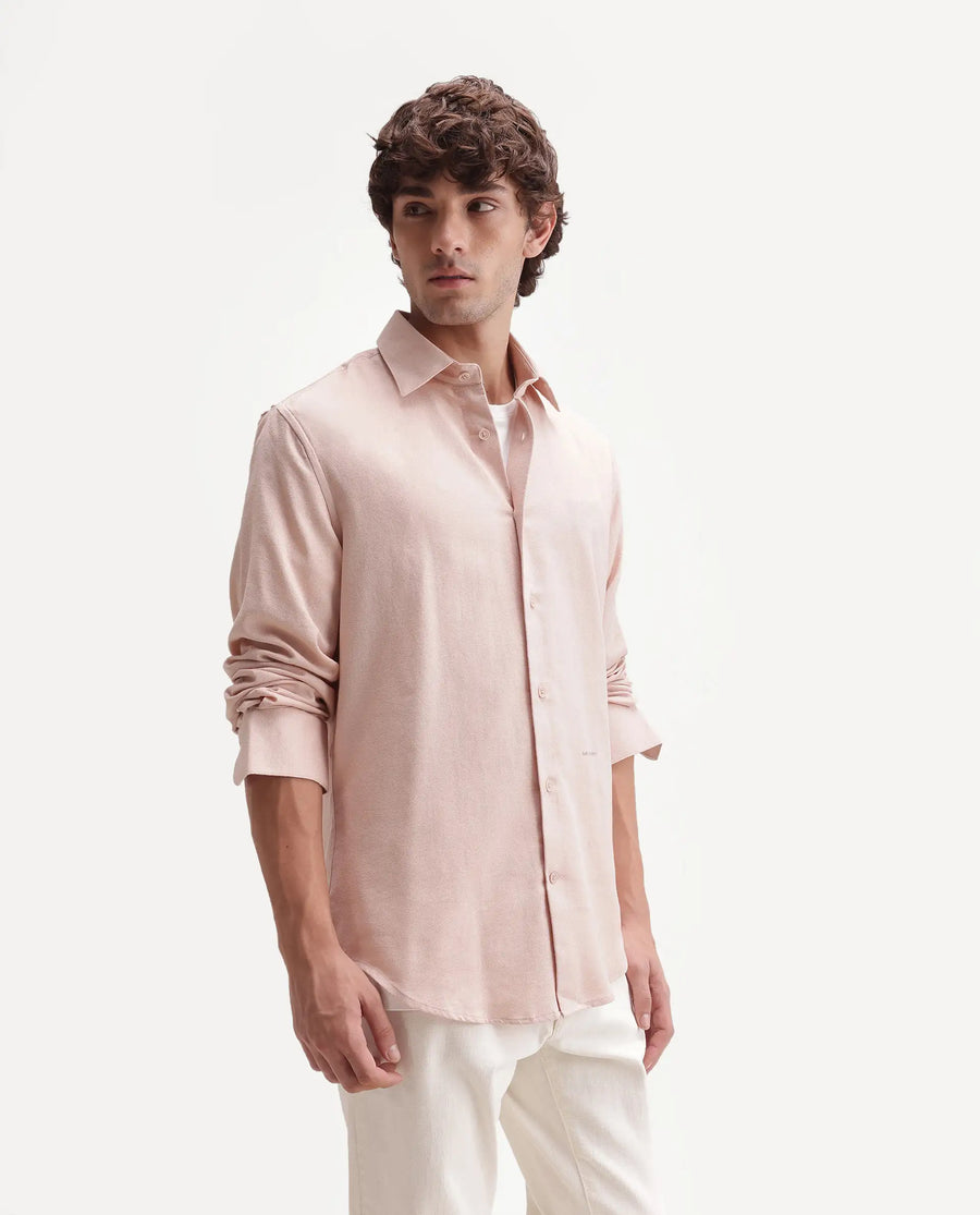 Rare Rabbit Men's Fexa Beige Cotton Blend Spread Collar Regular Plain Shirt