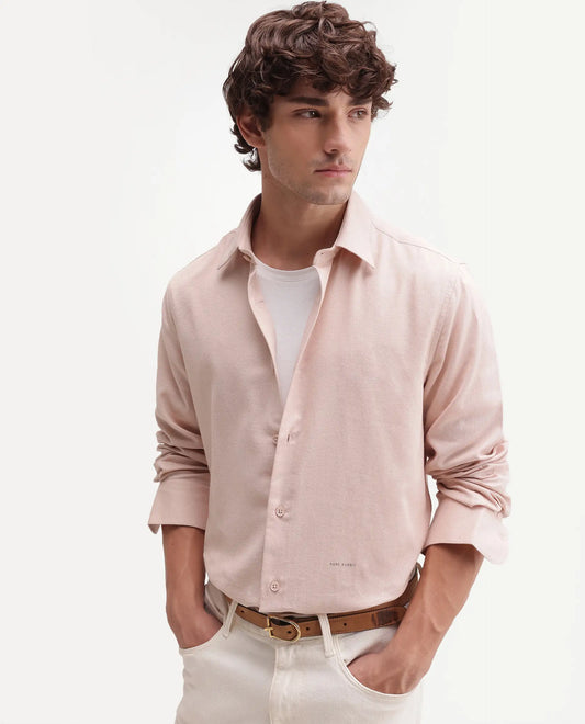 Rare Rabbit Men's Fexa Beige Cotton Blend Spread Collar Regular Plain Shirt