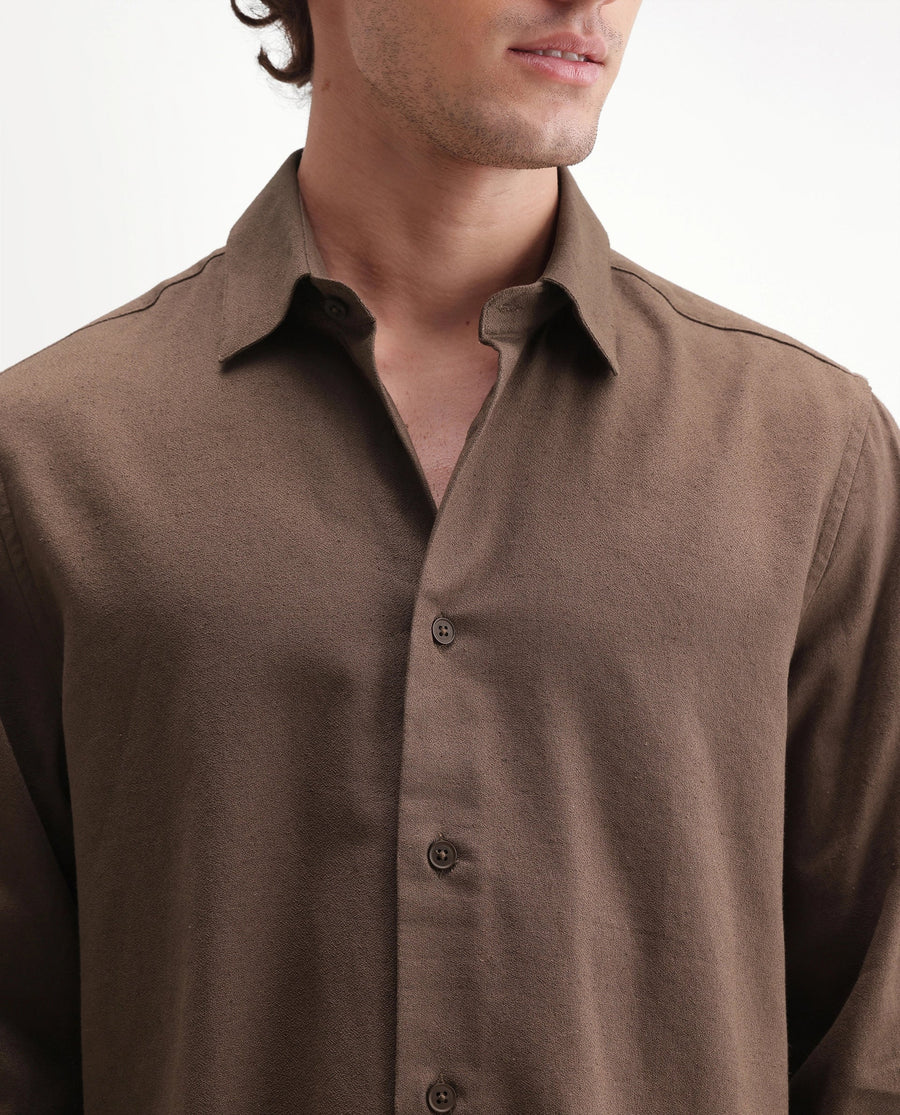 Rare Rabbit Men's Fexa Olive Cotton Blend Spread Collar Regular Plain Shirt