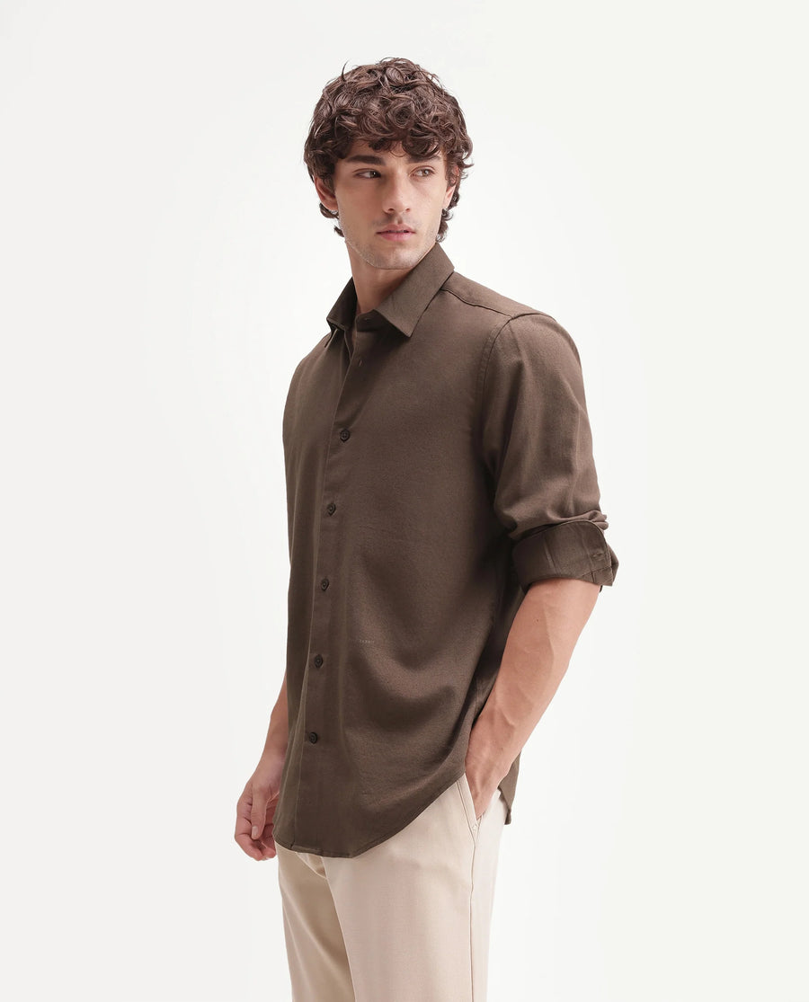 Rare Rabbit Men's Fexa Olive Cotton Blend Spread Collar Regular Plain Shirt