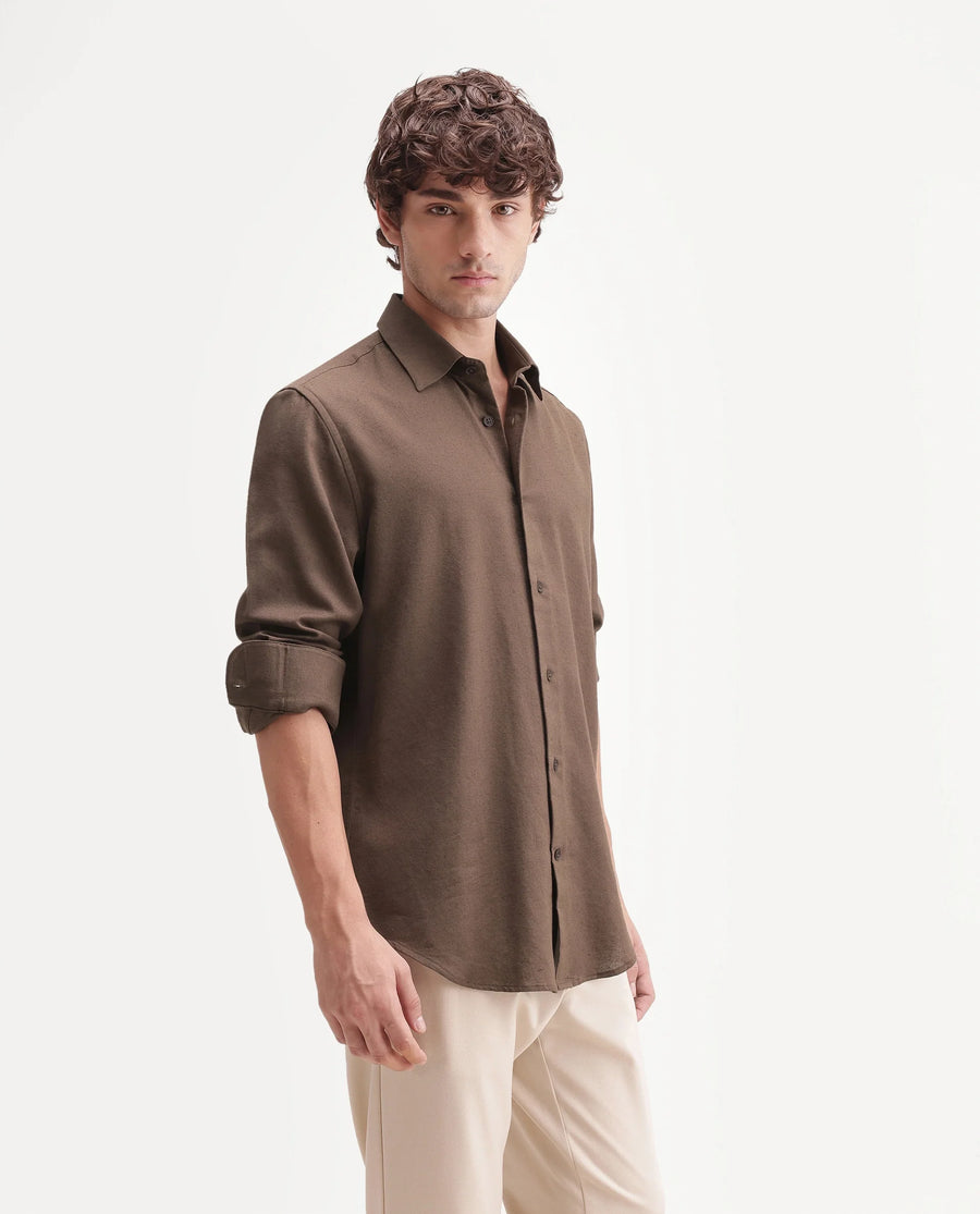 Rare Rabbit Men's Fexa Olive Cotton Blend Spread Collar Regular Plain Shirt