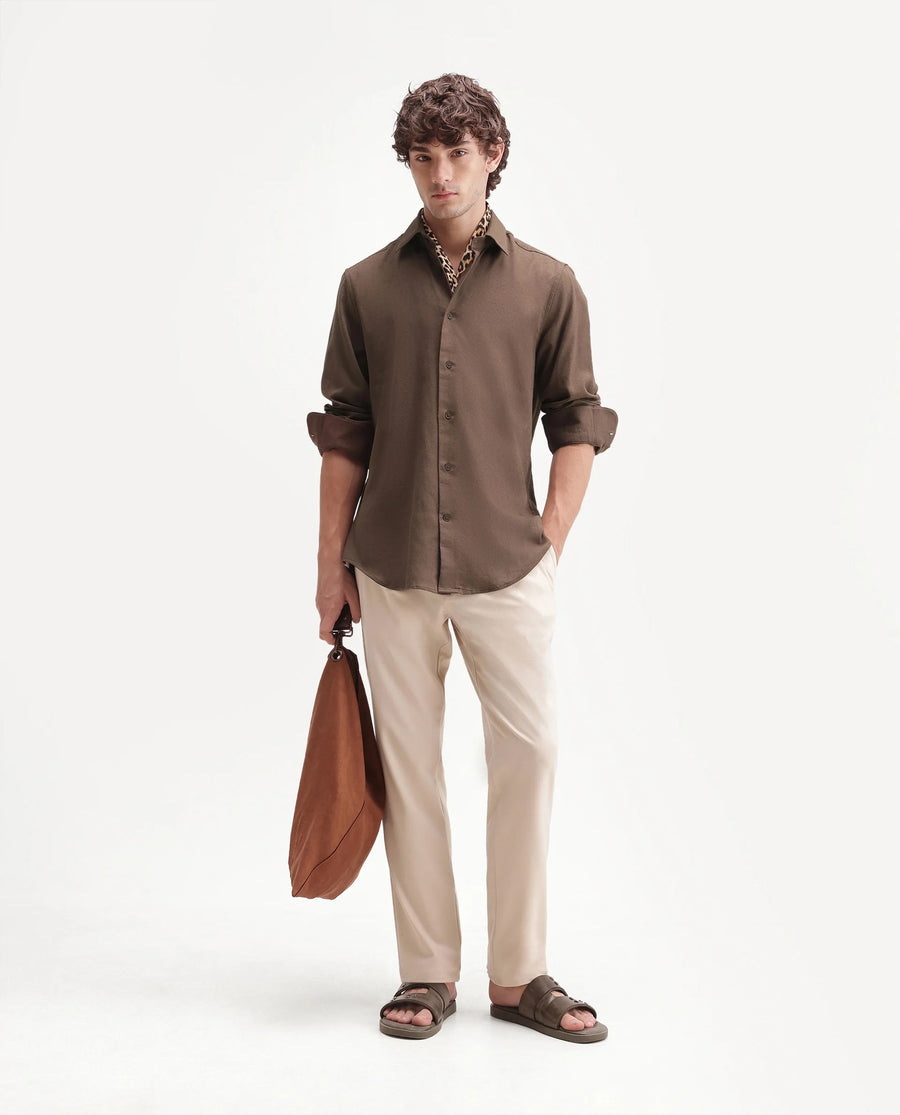 Rare Rabbit Men's Fexa Olive Cotton Blend Spread Collar Regular Plain Shirt