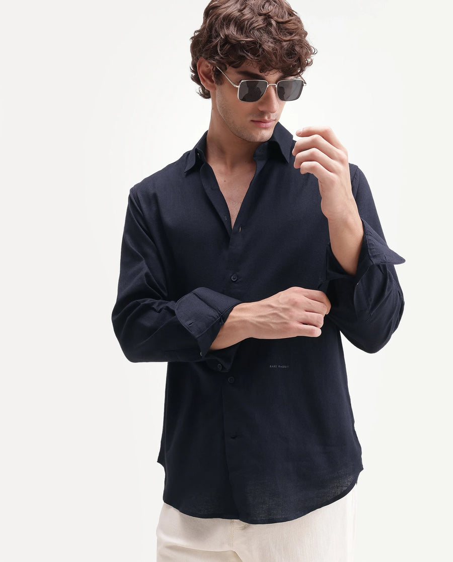 Rare Rabbit Men's Fexa Navy Cotton Blend Spread Collar Regular Plain Shirt