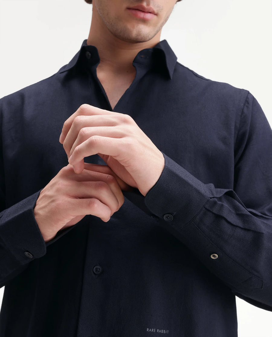 Rare Rabbit Men's Fexa Navy Cotton Blend Spread Collar Regular Plain Shirt