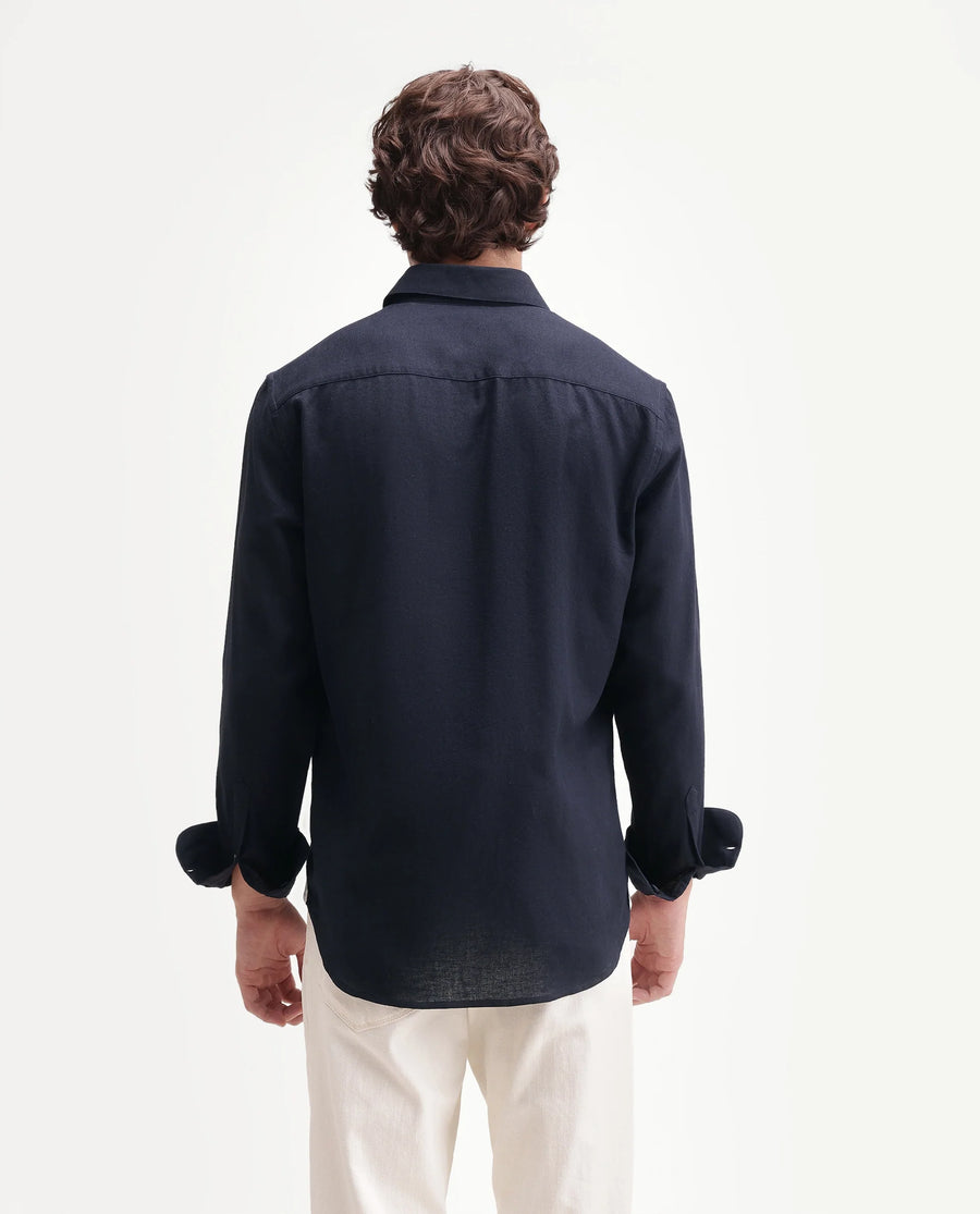 Rare Rabbit Men's Fexa Navy Cotton Blend Spread Collar Regular Plain Shirt