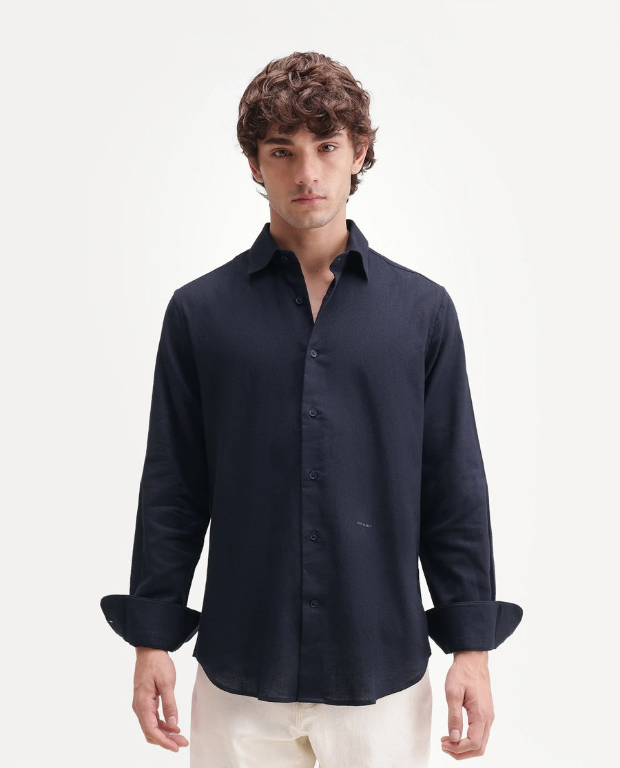Rare Rabbit Men's Fexa Navy Cotton Blend Spread Collar Regular Plain Shirt