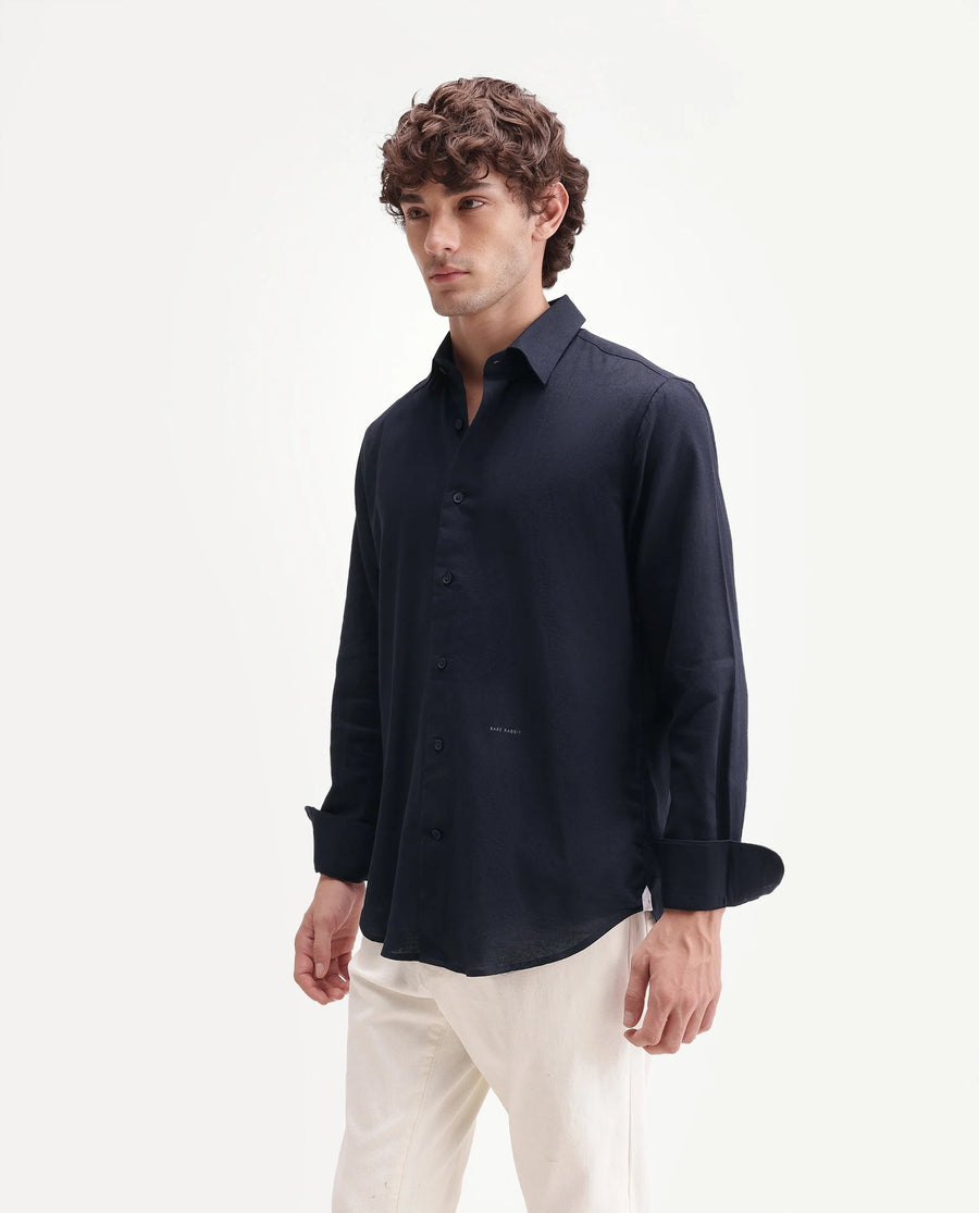 Rare Rabbit Men's Fexa Navy Cotton Blend Spread Collar Regular Plain Shirt