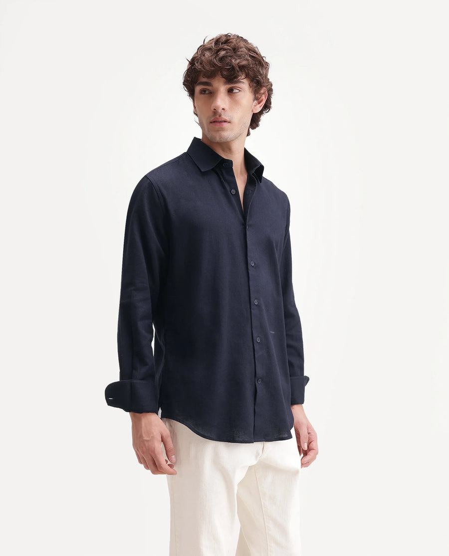 Rare Rabbit Men's Fexa Navy Cotton Blend Spread Collar Regular Plain Shirt