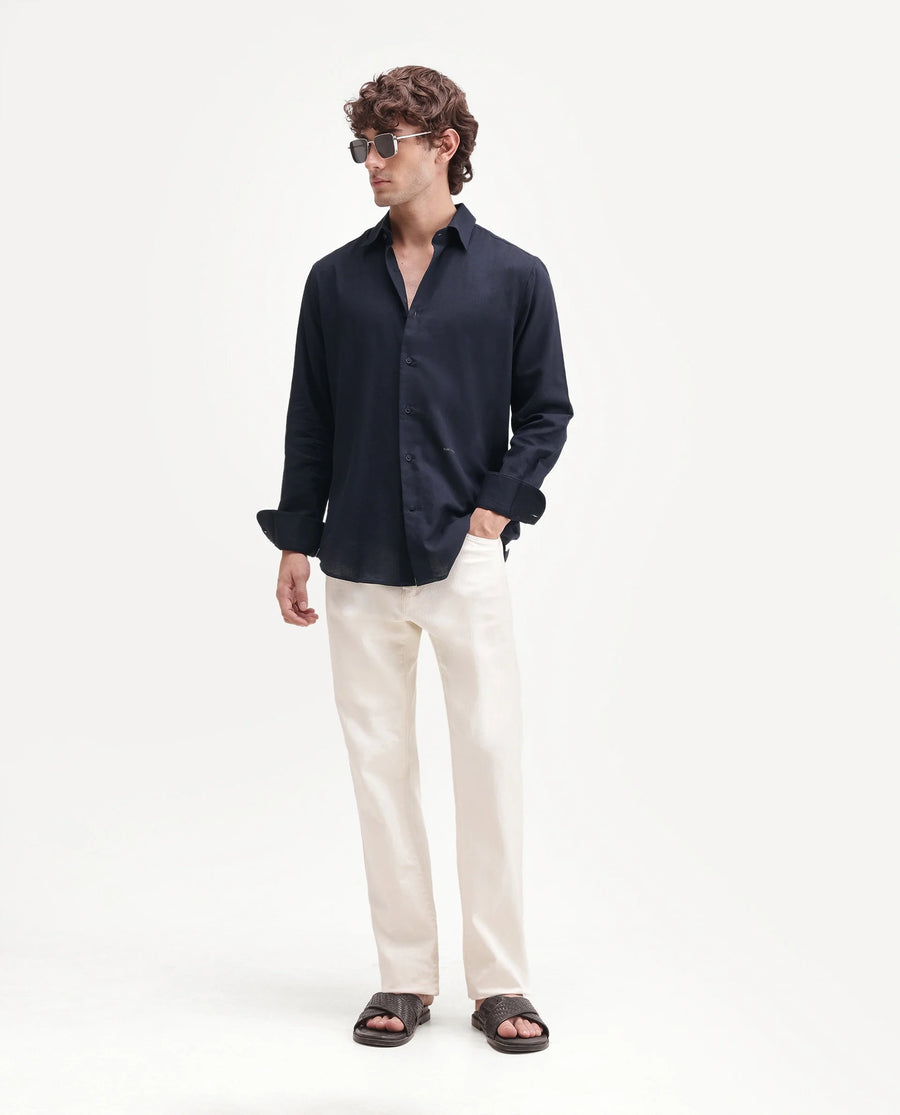 Rare Rabbit Men's Fexa Navy Cotton Blend Spread Collar Regular Plain Shirt