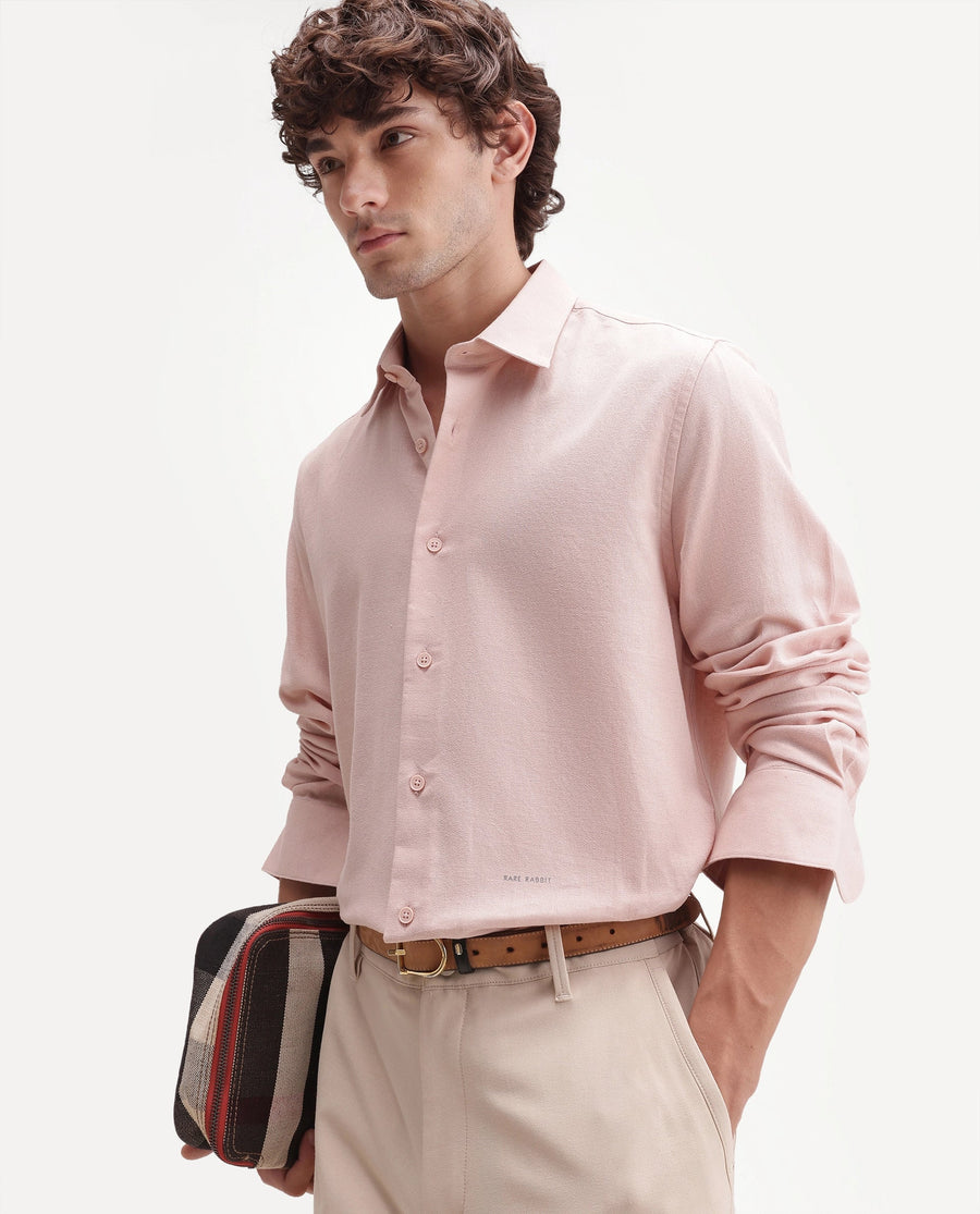 Rare Rabbit Men's Fexa Light Pink Cotton Blend Spread Collar Regular Plain Shirt