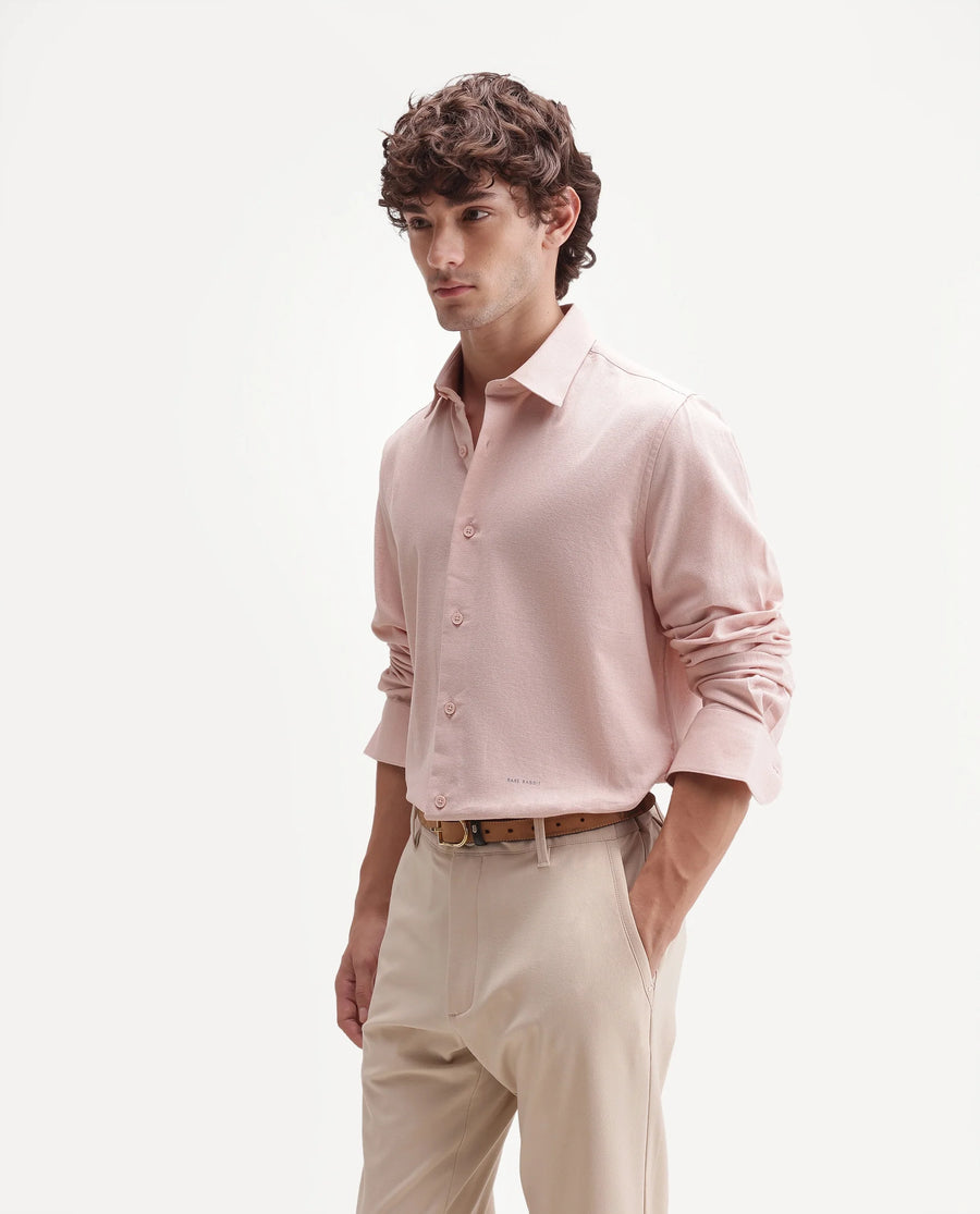 Rare Rabbit Men's Fexa Light Pink Cotton Blend Spread Collar Regular Plain Shirt