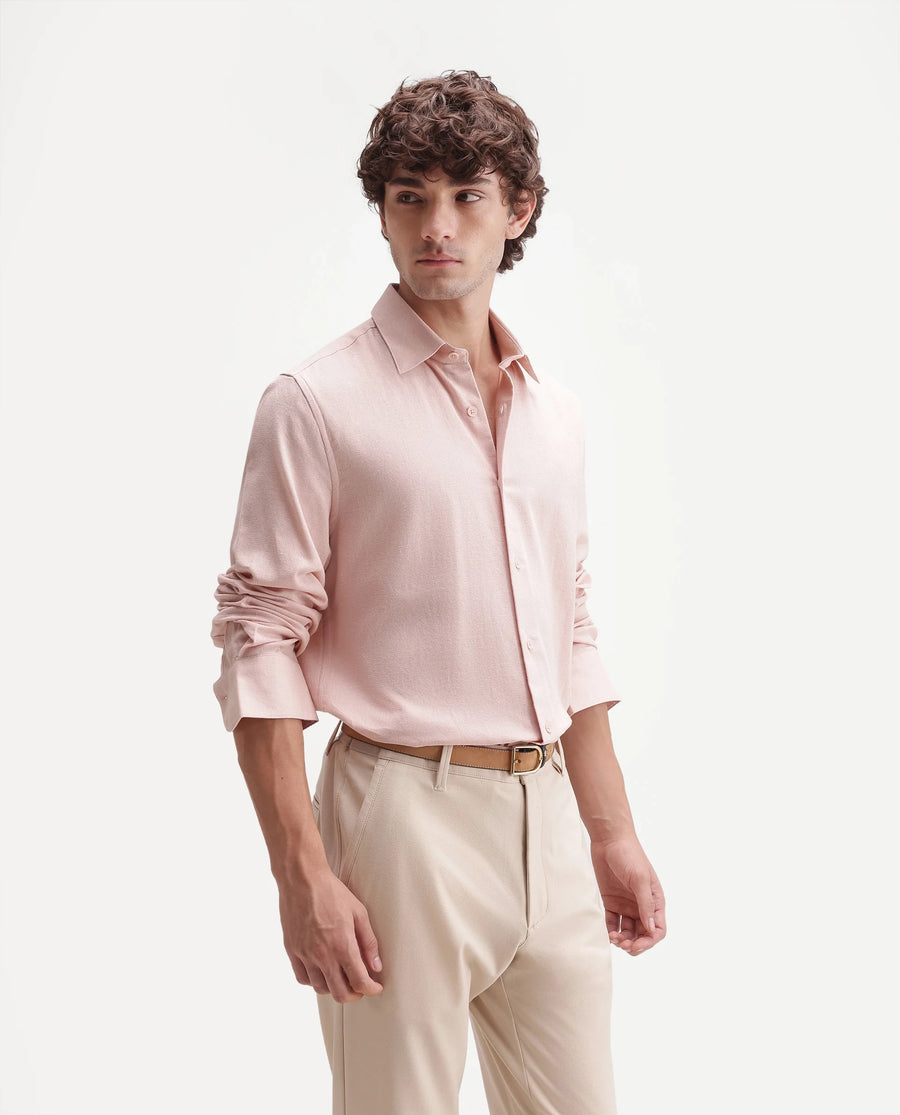 Rare Rabbit Men's Fexa Light Pink Cotton Blend Spread Collar Regular Plain Shirt
