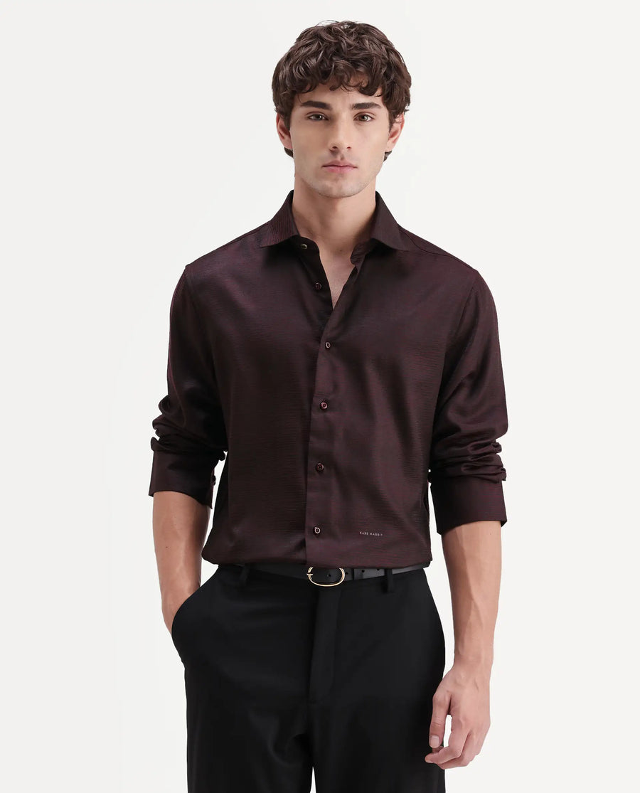 Rare Rabbit Men's Carl Maroon Polyester Blend Fabric Spread Collar Regular Fit Jacquard Shirt