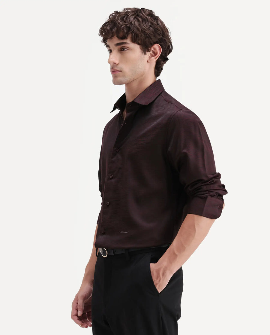 Rare Rabbit Men's Carl Maroon Polyester Blend Fabric Spread Collar Regular Fit Jacquard Shirt