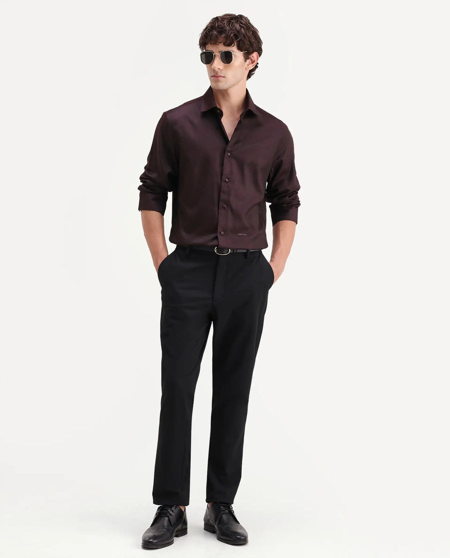 Rare Rabbit Men's Carl Maroon Polyester Blend Fabric Spread Collar Regular Fit Jacquard Shirt