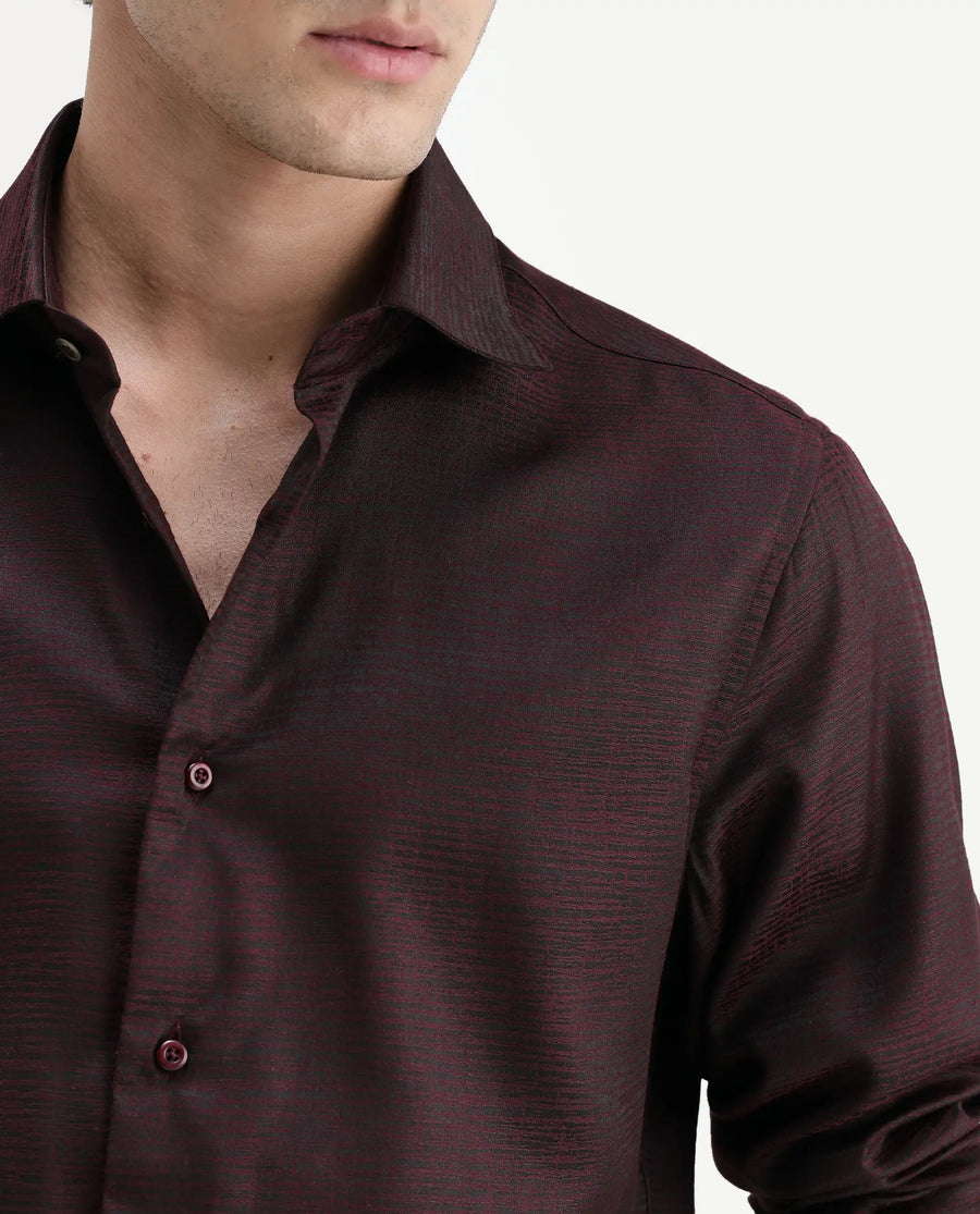 Rare Rabbit Men's Carl Maroon Polyester Blend Fabric Spread Collar Regular Fit Jacquard Shirt