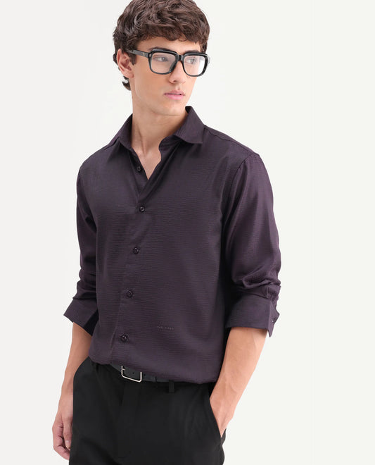 Rare Rabbit Men's Carl Dark Purple Polyester Blend Fabric Spread Collar Regular Fit Jacquard Shirt