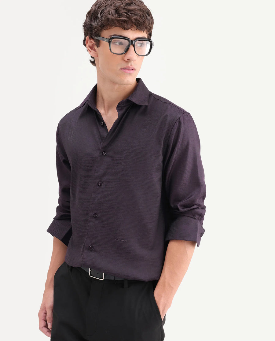 Rare Rabbit Men's Carl Dark Purple Polyester Blend Fabric Spread Collar Regular Fit Jacquard Shirt