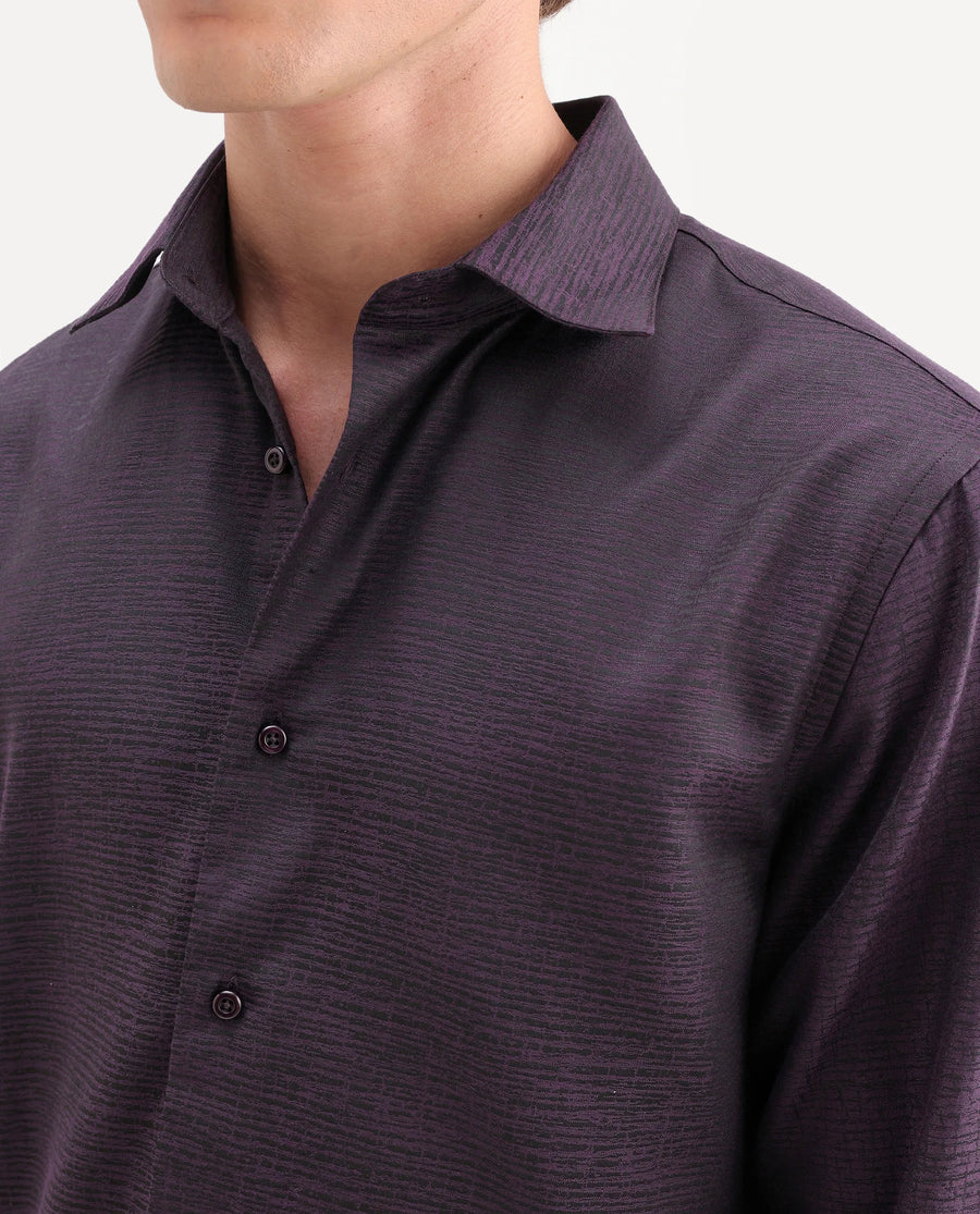 Rare Rabbit Men's Carl Dark Purple Polyester Blend Fabric Spread Collar Regular Fit Jacquard Shirt