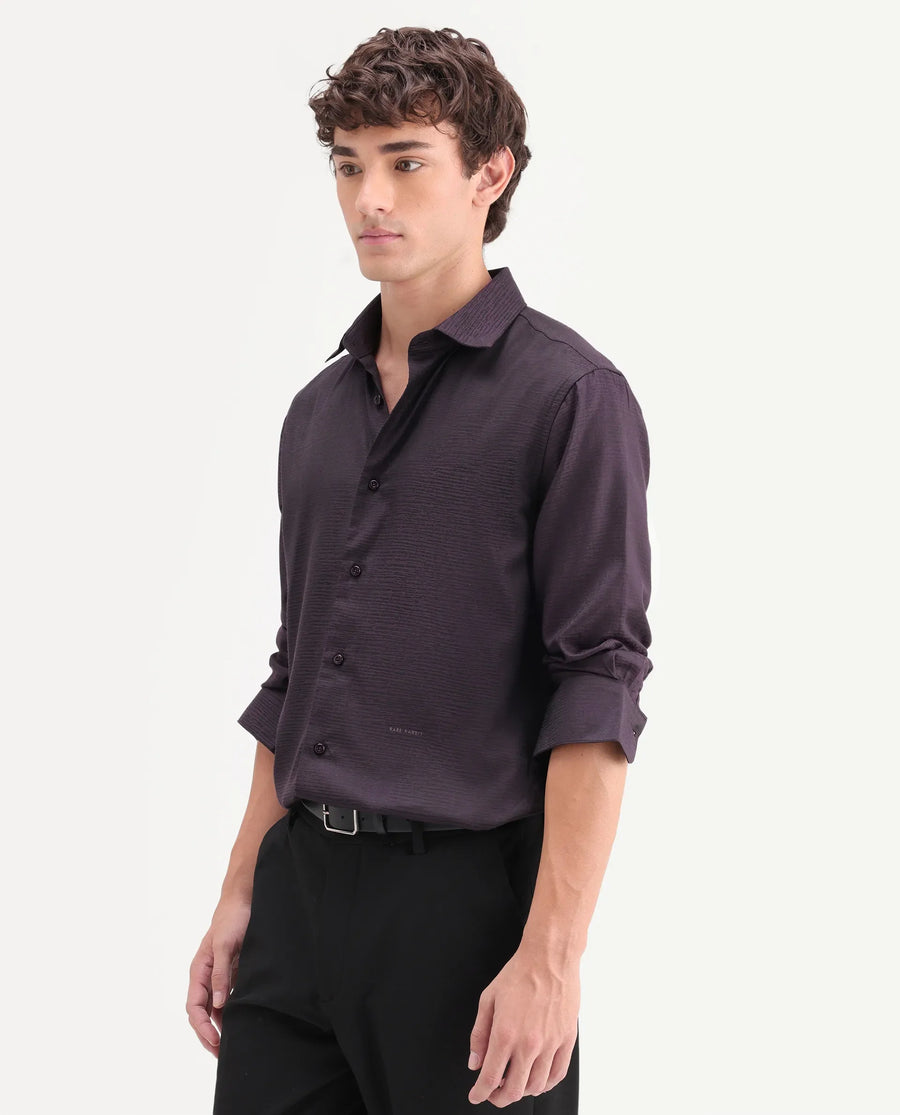 Rare Rabbit Men's Carl Dark Purple Polyester Blend Fabric Spread Collar Regular Fit Jacquard Shirt
