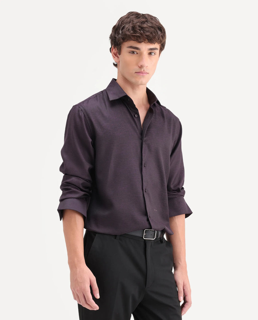 Rare Rabbit Men's Carl Dark Purple Polyester Blend Fabric Spread Collar Regular Fit Jacquard Shirt