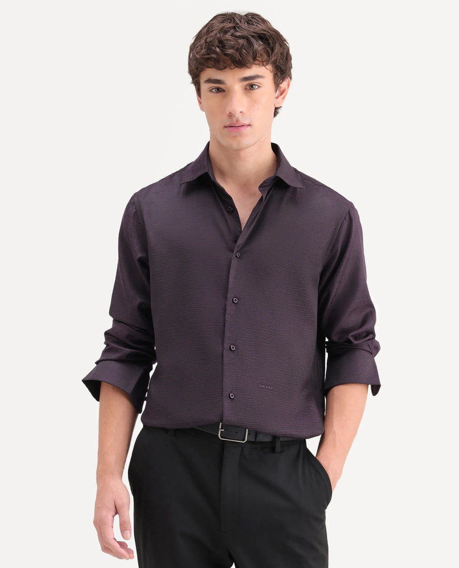 Rare Rabbit Men's Carl Dark Purple Polyester Blend Fabric Spread Collar Regular Fit Jacquard Shirt