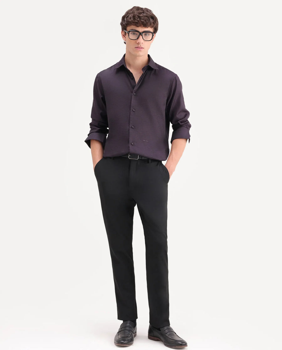 Rare Rabbit Men's Carl Dark Purple Polyester Blend Fabric Spread Collar Regular Fit Jacquard Shirt