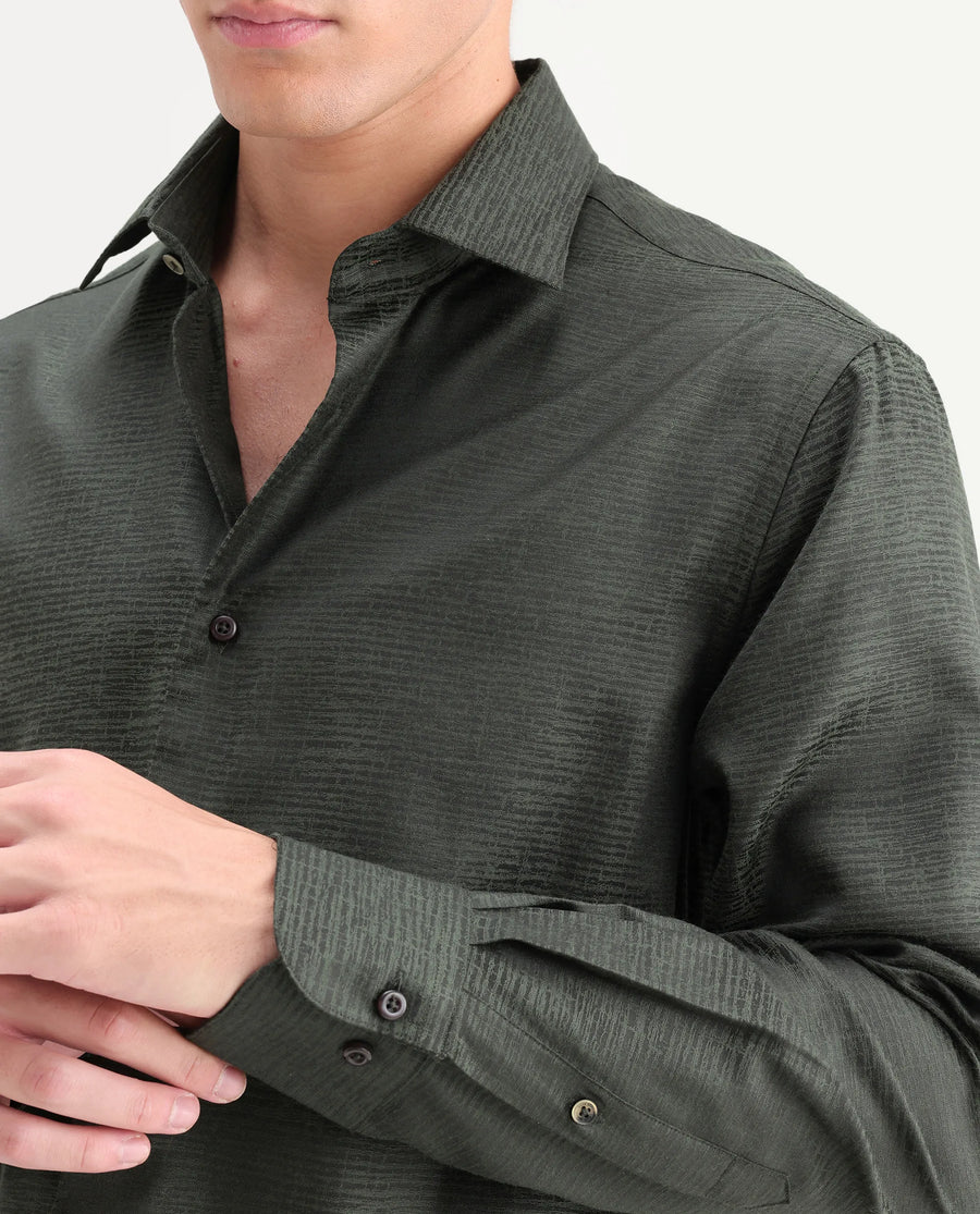 Rare Rabbit Men's Carl Dark Green Polyester Blend Fabric Spread Collar Regular Fit Jacquard Shirt