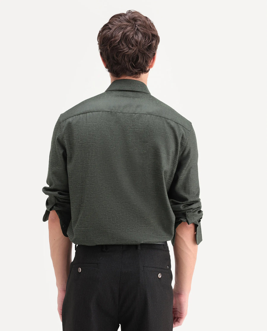 Rare Rabbit Men's Carl Dark Green Polyester Blend Fabric Spread Collar Regular Fit Jacquard Shirt