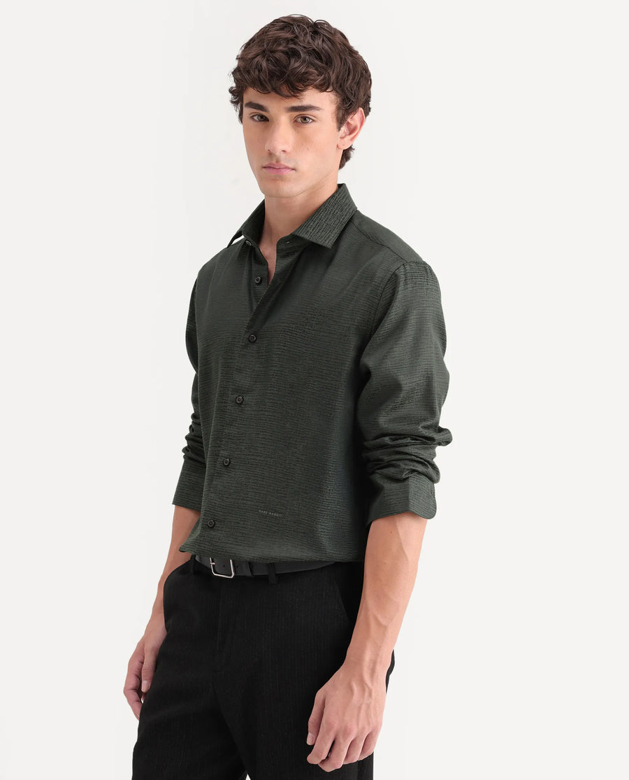 Rare Rabbit Men's Carl Dark Green Polyester Blend Fabric Spread Collar Regular Fit Jacquard Shirt