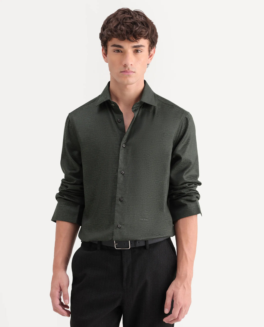 Rare Rabbit Men's Carl Dark Green Polyester Blend Fabric Spread Collar Regular Fit Jacquard Shirt