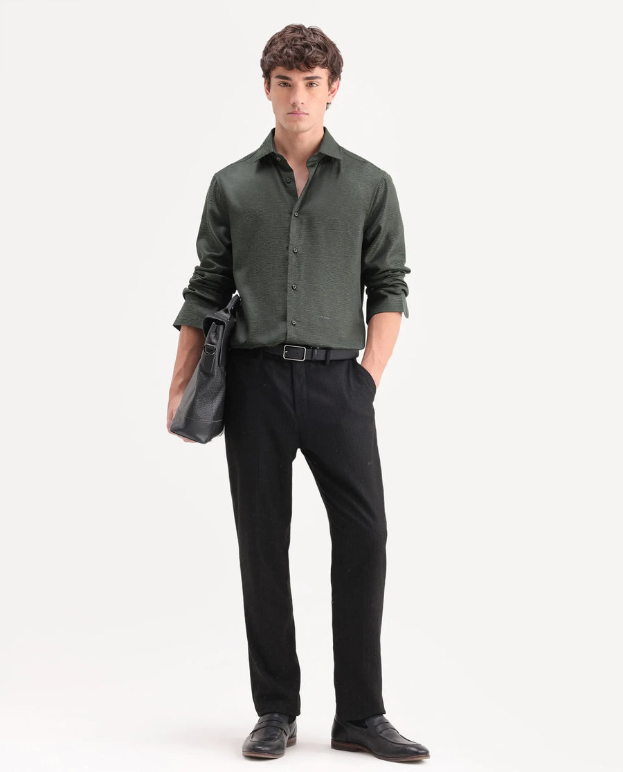 Rare Rabbit Men's Carl Dark Green Polyester Blend Fabric Spread Collar Regular Fit Jacquard Shirt