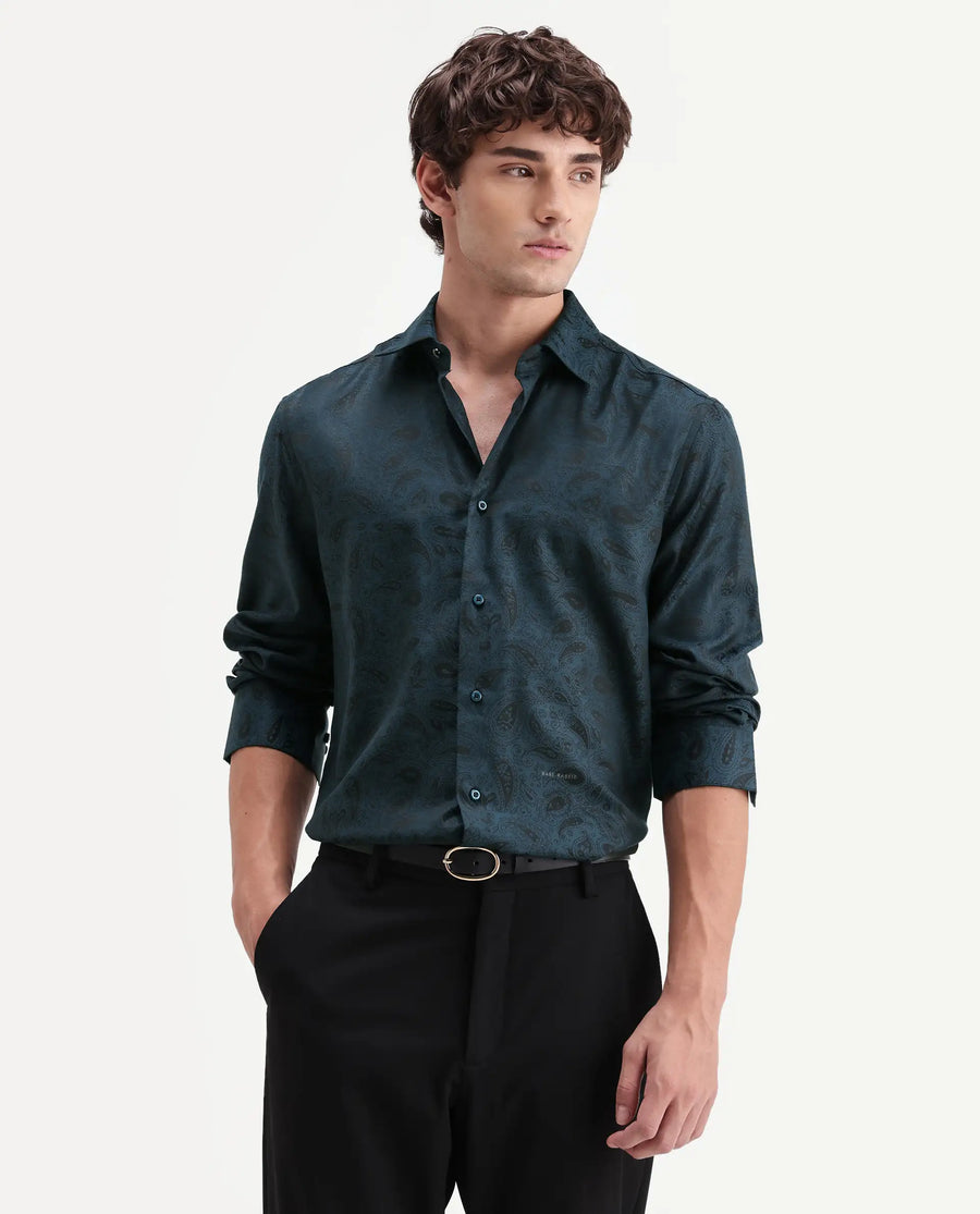 Rare Rabbit Men's Paso Blue Polyester Blend Fabric Spread Collar Regular Fit Paisley Print Shirt